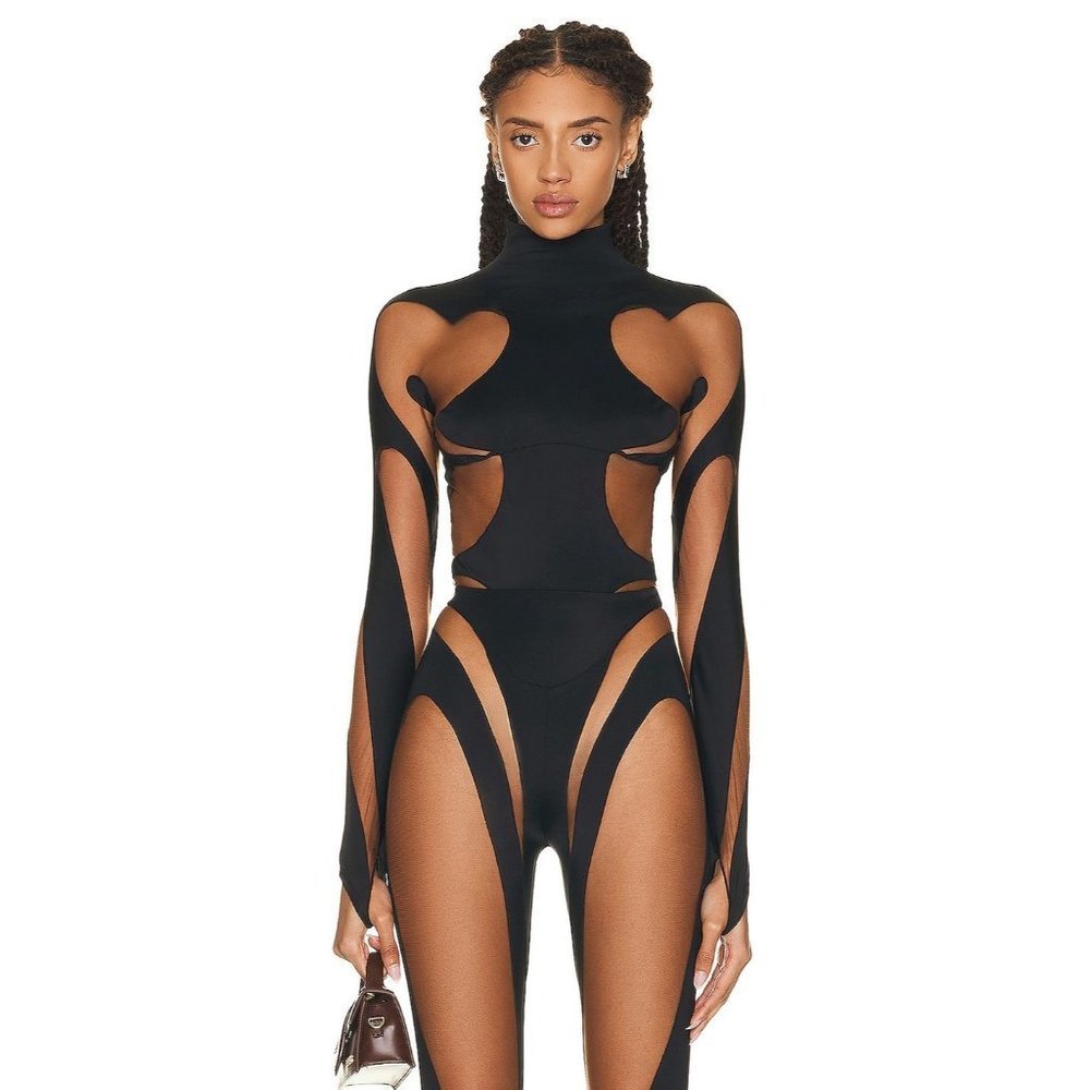 Mugler High Neck Long Sleeve Panel Bodysuit in Black Nude 02 36 New Womens Rodeo